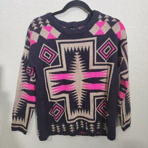 Forever 21 Sweater Womens Geometric Aztec Print Navy Pink Beige S/M Cottagecore